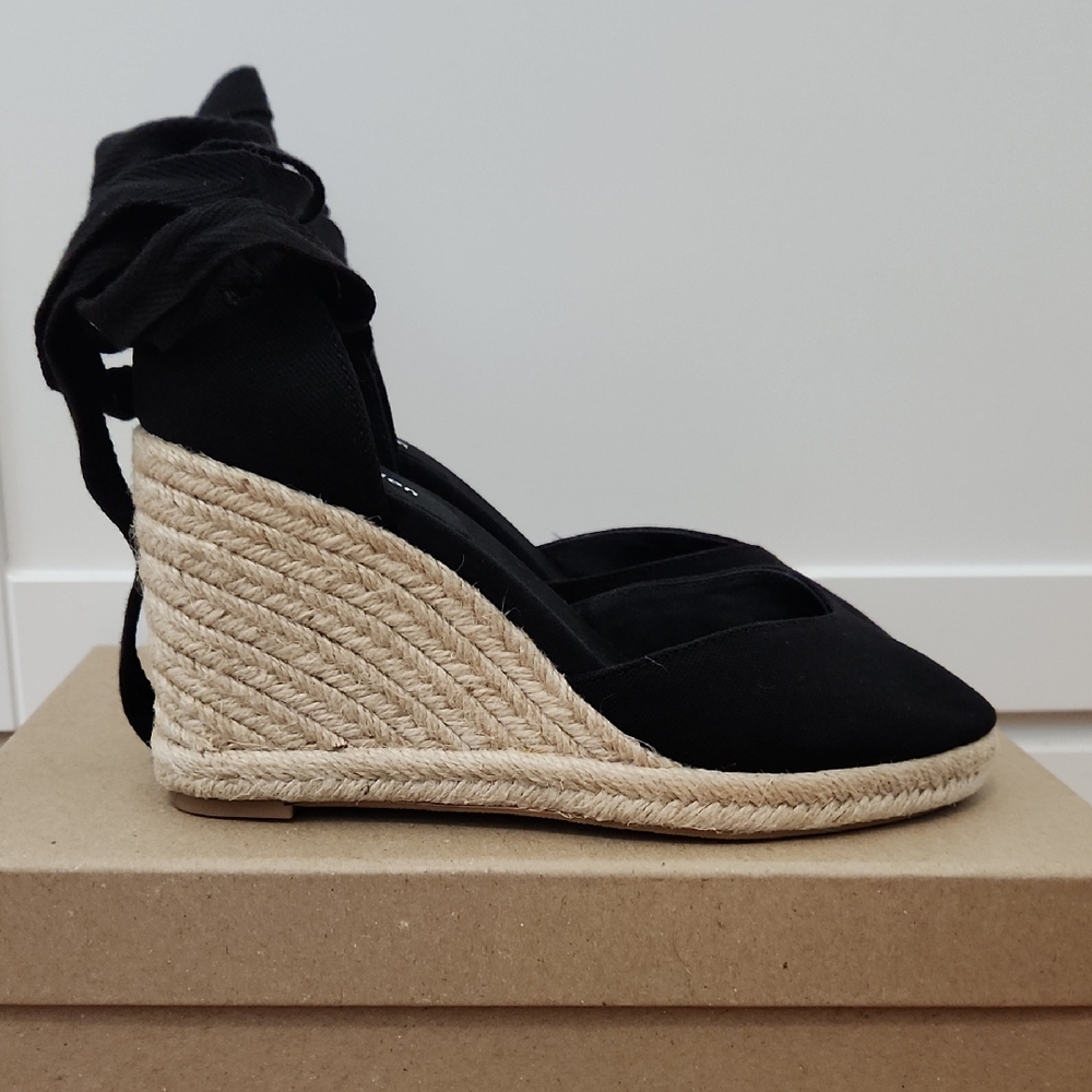 Reformation Camille Espadrille Black Lace Up Wedge Sandals -size 7